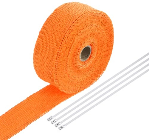 QUARKZMAN Hitzeschutzband 10 Meter x 5cm Auspuff Dichtband Auspuffband Fibreglass mit 4 Edelstahl Kabelbinder, für Auspuffkrümmer von Motorrädern und Autos, Orange