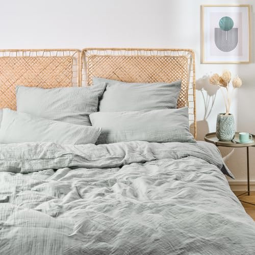 Blumtal Linge de lit 135x200 cm - Oeko-TEX certifié Linge de lit 135x200 Coton - Housse de Couette 135 x 200 + taie d'oreiller 80x80 - Linge de lit 135x200 été Bleu