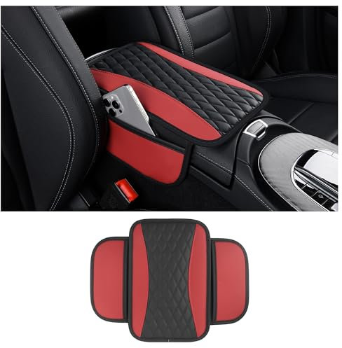 Mejorado Funda Reposabrazos Coche Universal,Piel de Microfibra Funda Apoyabrazos Coche Universal con 2 Bolsillos,Funda Reposabrazos Accesorios Coche Interio rpara VehíCulos (Rojo)