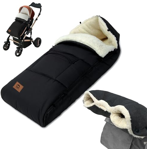 EAQ kinderwagen Fußsack Baby Fußsack Schlafsack,Babyfußsack für Babyschale,handmuff für kinderwagen mit Fleece Innenseite, Winter Geschenk für Neue Eltern (Schwarz mit Handschuhen (alles in einem))