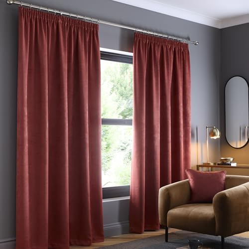 Fusion Terracotta Curtains W46 x L54 – 100% Cotton Pencil Pleat – Thermal & Soundproof – Blood Orange Window Treatment for Bedroom – 2 Panels