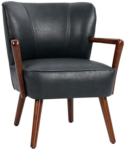 HOMCOM Polsterstuhl Gepolstert mit Armlehnen Schwarz 67 x 77 x 80 cm | Akzentstuhl, Holzbeine, Loungesessel Armlehnstuhl, Wohnzimmer Schlafzimmer, Kunstleder, Feststehend