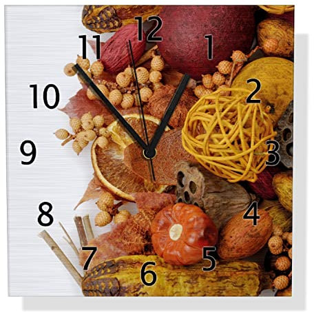 Wallario Design Wanduhr Herbststimmung - Trockenfrüchte, Nüsse und Samen - Herbstdeko aus Aluverbund, Alu-Uhr Größe 30 x 30 cm, Schwarze Zeiger mit Metalloptik