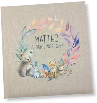 Tenii® Fotoalbum personalisiert Baby, Kind Kranz Waldtiere Leinen, Erinnerungsalbum (25x25cm - 60 Seiten) (30x31cm - 100 Seiten)
