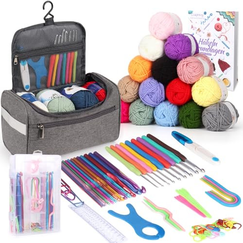 Coopay Tragbar Häkelset für Anfänger, Häkelnadel Set mit 15 Wolle, Tasche, Häkelzubehör, Ergonomische Häkelnadeln mit Weicher Griff und Metall Häkelnadel, 2,0-10 mm Praktische Häkelnadeln, Hellgrau