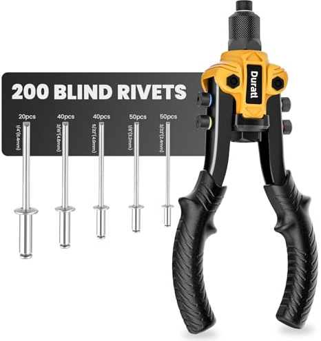Duratl Rivet Gun Kit, 200PCS Blind Rivets & 5 Interchangeable Nosepieces | Two-Handed 1/4 Pop Rivet Gun Set, Rivet Heads 3/32 1/8 5/32 3/16 1/4, for Metal, Wood, Automotive, Plastic