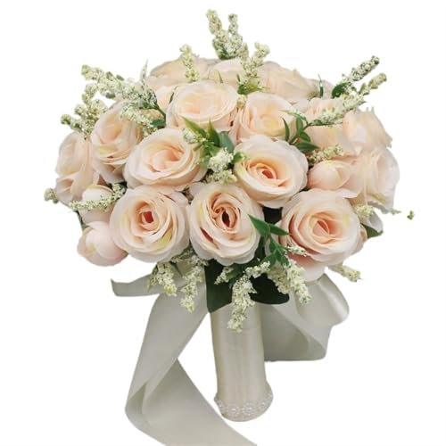 UALXPAO Brautstrauß Halten Blumen Künstliche Rose Hochzeit Bouquet mit Seide Satin Band Rosa Weiß Brautjungfer Braut Party(Color1)