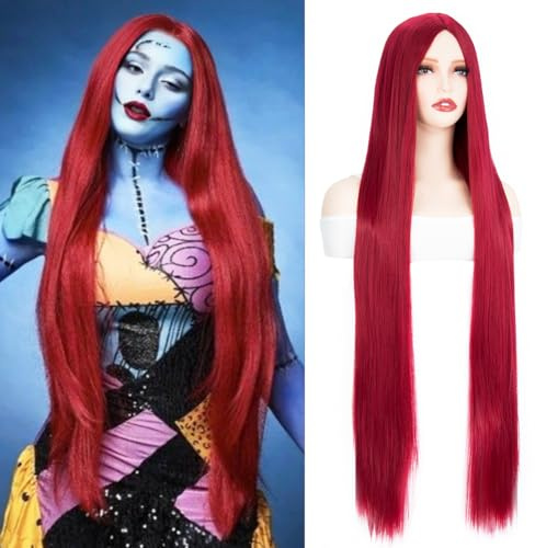 PARXITN Cosplay Perücke Langes Haar Hitzebeständig Einstellbare Passform 100cm Kostüm Anime Tägliche Perücke Gerade Rot Perücken für Halloween Cosplay