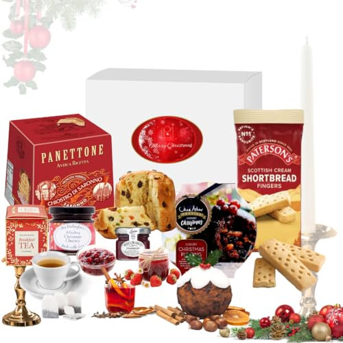 Luxury Christmas Hamper for Families and Couples – Includes Panettone Cake, Chutney, Mini Jam Jars, Christmas Pudding, Shortbread, New English Tea – Gourmet Food Gift Basket for Women, Couples