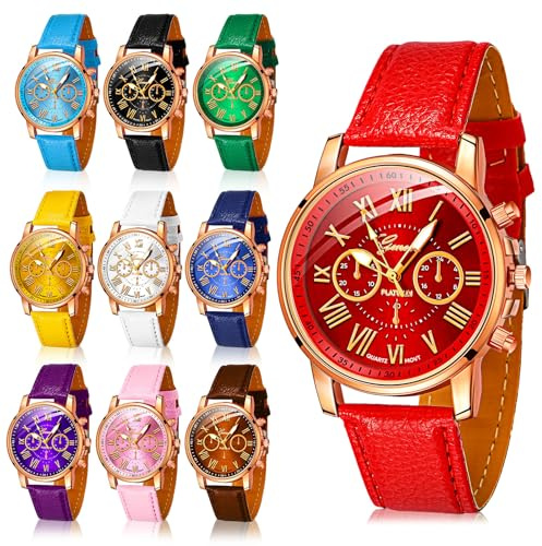 Yinkin 10 Pcs Assorted Platinum Watch Unisex Quartz Watch Sets for Women Men Ladies Watches Roman Numerals PU Leather Women's Wrist Watches