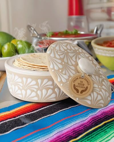 Ceramic Tortilla Warmer, Handmade Talavera Mexican Pottery Puebla Tortilla Holder, Keeps Warm for Tacos Tuesday, Stews, Casseroles, Burritos, Pasta, Microwave Safe, Bowl With Lid, Tortilleros
