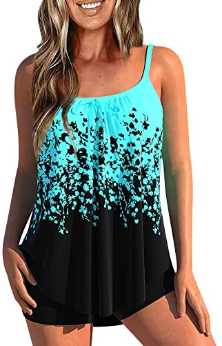 Maillot De Bain Femme 2 Pieces Taille Haute Tankini Shorty Menstruelle Amincissant Maillot De Bain Grande Taille Ensemble avec Armature Bikini Ete Marque Pas Cher Beachwear Ciel Bleu XXL