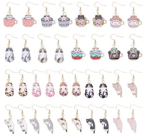 UNICRAFTALE 18Pairs Anime Cat Dangle Earrings Set 304 Stainless Steel Dangle Earring Cute Golden Aesthetic Cartoon Kitten Teacup Alloy Drop Dangling for Women Party Cat Jewelry Gift