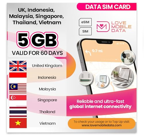 Love Mobile Data Only Sim Card - International Multi-Network 4G/5G Prepaid Pay As You Go Data Sim for Mobile, Routers etc, UK, Indonesia, Malaysia, Singapore, Thailand, Vietnam - 5GB - 60 Days