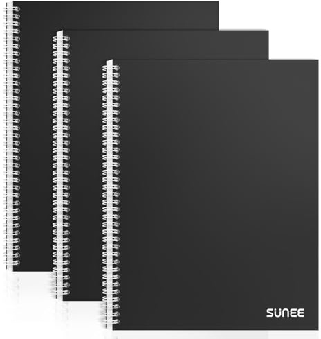 SUNEE A4 Notebook, Pack of 3 Notepads, Wirebound Notebooks, 80gsm Premium Paper, 100 Sheets / 200 Pages, 8mm Lined with Margin, 4-Hole Punched and Perforated Edge, Black