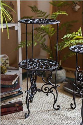 Robuster Pflanzenständer aus Gusseisen mit 2 Etagen, Metall-Pflanzgefäßregal für dekorative Blumentöpfe, Vintage-Stil, rustikaler Gartenhalter, stabile Pflanzendisplay für drinnen und draußen