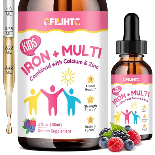 Liquid Iron Supplement for Kids, Women & Men - with Calcium, Zinc, Kids Multivitamin with Iron Drops - Blood Builder & Energy Support for Iron Deficiency, Anemia, Mixed Berry Flavor 2 Fl Oz