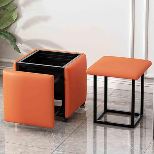 QYMYOZ 5 in 1 Stackable Ottoman Cube Chair Nappa Leather Seat Carbon Steel Frame with Wheels Versatile Home Sofa Dining Stool ge 45x45x45 cm Multi Functional Furniture