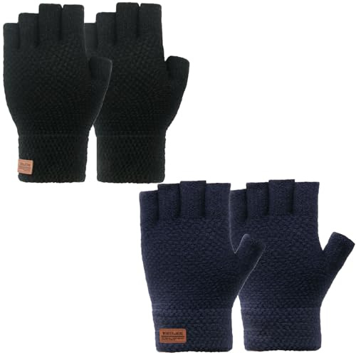 Long Keeper Fingerlose Winterhandschuhe für Männer und Frauen – Dehnbare warme Handschuhe, Halbfinger, weiche Alpaka-warme fingerlose Handschuhe, Thermo-Strick-Fäustlinge, Einheitsgröße, (2 Paar