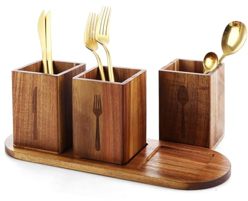 Oungy Wooden Utensil Holder, 3 Compartments Cutlery Holder with Tray, Kitchen Utensil Holder Wood Kitchen Utensils Organiser for Knife, Fork and Spoon