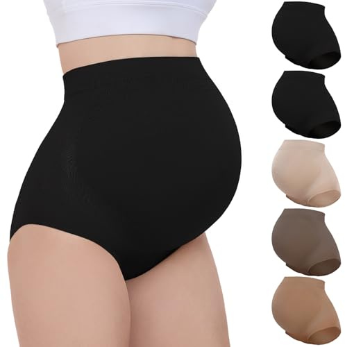 Boguish 5 Pack Women's Maternity Underwear Over Bump, Seamless High Waist Brief Panties Pregnancy Soft Pregnancy Shapewear Multicoloured
