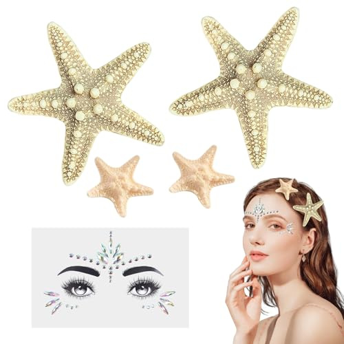 Seestern Haarspangen für Damen,Meerjungfrau Gesichtstattoo,Festival Sticker Gesicht,Seestern Hair Clips Kids Edelsteine Gesichtstattoo für Fasching Karneval Mottoparty Kostüm Accessoires