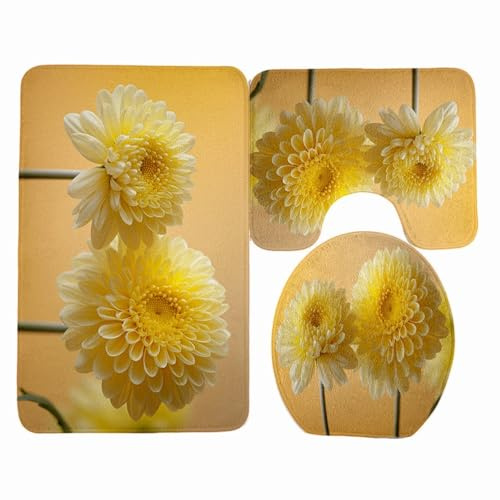 Badezimmerteppich Set 3 Teilig Gelbe Chrysantheme WC Teppich Schnell Trocknend Badvorleger rutschfest Badgarnitur 3 Teilig Stand WC Waschbar Bad Teppiche Set Dekoration 50x80 cm