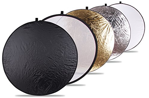 POLAM-FOTO 5-in-1 Tragbarer Lichtreflektor, EIN Faltbarer Fotoreflektor in Runder Form von 43/107 cm, Inklusive Weiß/Schwarz/Silber/Gold und Durchsichtig, Licht Diffusor für Studio