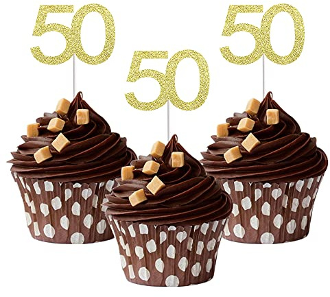Sumerk 24PCS 50 Cupcake toppers Gold Glitter 50th Birthday Cupcake Picks Anniversary Party Decorations