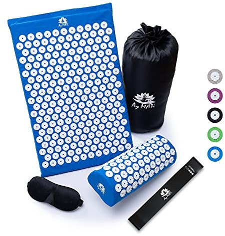 Akupressurmatte mit Kissen Akupressur Set mit Fitnessband Augenmaske & Tragetasche Shakti Matte Massagematte gegen Rückenschmerzen Stress Nackenschmerzen Migräne Verspannungen