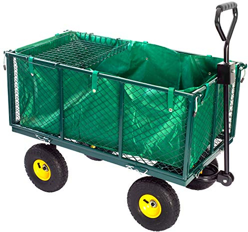 Grafner Bollerwagen bis 550kg belastbar, mit herausnehmbarer Plane und Ablage, Abnehmbarer Handgriff, klappbare Seitenwände, luftbereift, Gartenwagen Transportwagen Handwagen Gartenkarre Rasentraktor