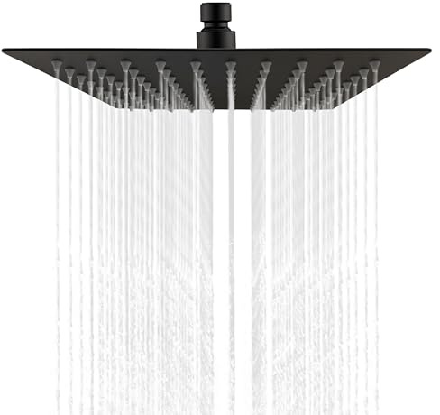 Simple Bathroom Rain Shower Head, 20 cm Square Shower Head High Pressure Black 304 Stainless Steel, Universal 1/2 Inch Thread, 360° Rotating, Easy to Install