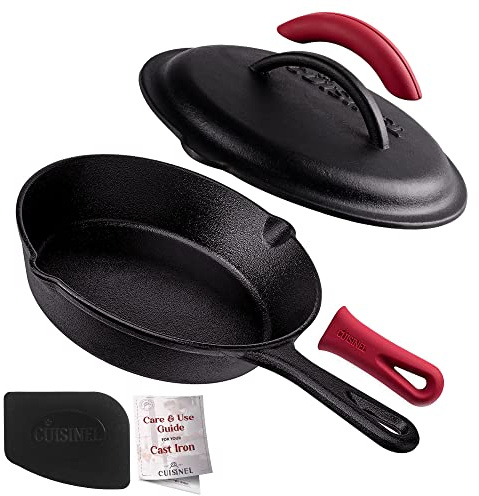 Cuisinel Cast Iron Skillet with Lid - 8 Inch Pre-Seasoned Covered Frying Pan Set + Silicone Handle & Lid Holders + Scraper/Cleaner - Indoor/Outdoor
