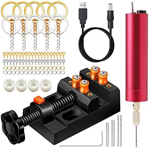 Electric Resin Drill Set,Pin Vise for Molds Jewelry Casting, YASPIT Anti-Skid Drill Press Vise, 210 PCS Keychain making Supplies, Precision Hand Drill Kit for DIY Keychains Jewelry Making