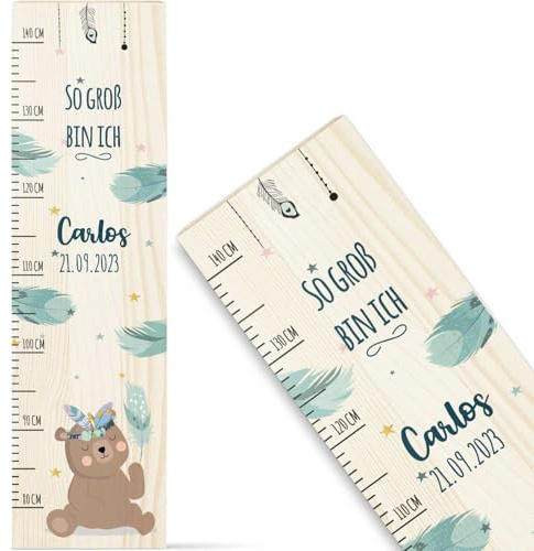 GRAVURZEILE Messlatte für Kinder aus Holz - Teddy Blau Design - mit Namen für Kinderzimmer - Skala misst 80-140 cm - Größe 20 x 70 x 2 cm - Geschenk zur Geburt für Mädchen & Jungen
