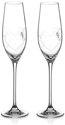 DIAMANTE Champagne Flutes Prosecco Glasses Pair with ‘from The Heart’ Hand Cut Design Embellished with Crystals with Gift Box
