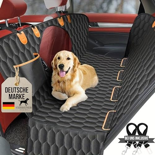 VierbeinerStube® Premium Autoschondecke für Hunde – Wasserdicht, rutschfest & Waschbar – Rücksitz-Schutzdecke mit Karabiner Anschnallgurt & Seitenschutz – Universalgröße für Auto, SUV & Kombi