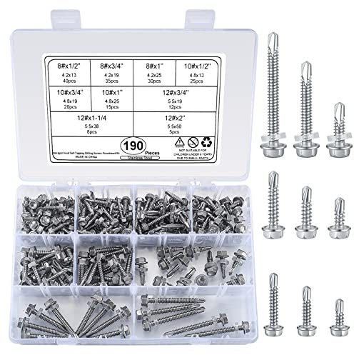 wugongshan 190 Stk Selbstschneidende Schrauben, Bohrschrauben mit Unterlegscheibe Sortiment Kit, Selbstbohrende Schrauben mit Sechskan Unterlegscheibenkopf, Karosserie Blechschrauben