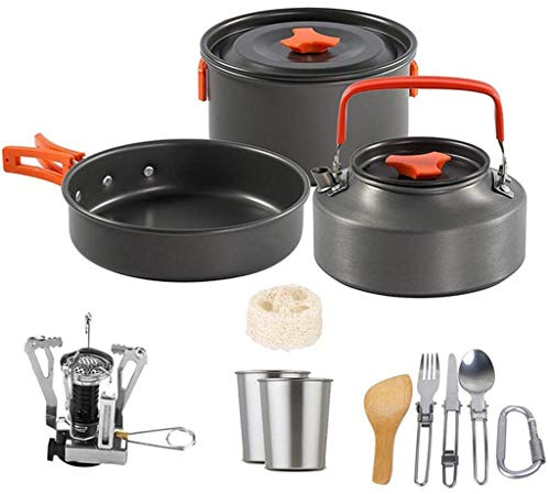 Camping en Plein air Batterie de Cuisine Pique-Nique casseroles casseroles Ensemble Vaisselle antiadhésive avec cuisinière cuillère Fourchette Couteau Bouilloire Cuisine Outils
