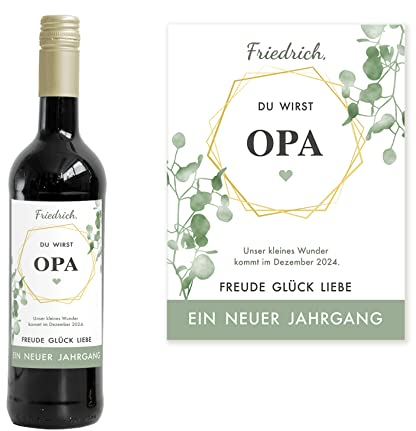 Mimi und Anton Personalisiertes Flaschenetikett OPA | Großvater | Weinlabel Du wirst Opa | 9x12 cm | Schwangerschaft verkünden | Weinetikett Geburt | Serie Eukalyptus
