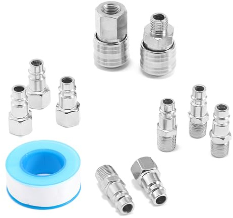 10PCS Air Compressor Fittings with 1/4 BSP， Euro Airline Hose Compressor Fittings，Metal Quick Connectors Set，Male and Female Fitting Female Thread Lock