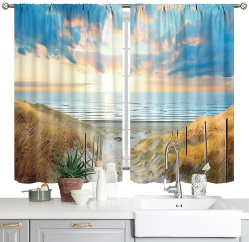 MAHIPOCI Küchen-Vorhänge für Strand, Ozean, Meer, Landhaus-Stil, kurze Café-Vorhänge, Dekoration für Wohnzimmer, Esszimmer, Badezimmer, Sommer, Meereslandschaft, blaue Wellen, Fensterstoff, 2 Paneele,