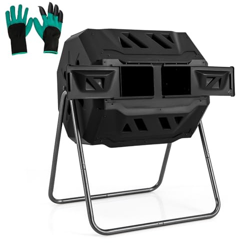 Goplus Compost Bin, Outdoor 42-Gal Dual Chamber Composting Tumbler w/2 Sliding Doors, Heavy-Duty Metal Frame, 360° Rotatable Tumbling Composter, BPA-Free Compost Tumbler for Kitchen Garden Yard Waste
