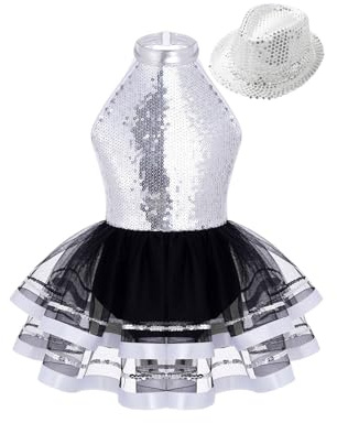Rswnyirn Vestido de ballet para niña con sombrero, vestido de patinaje artístico, espalda descubierta, lentejuelas, traje de ballet, falda para niños, plata, 122-128