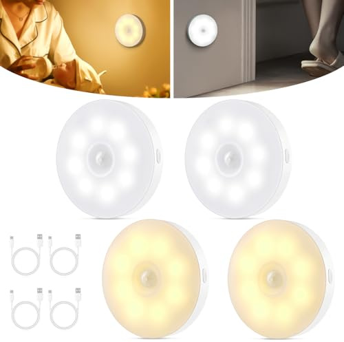 Lot de 4 lampes à détecteur de mouvement d'intérieur, veilleuse LED rechargeable par USB, modes automatique/marche/arrêt, blanc chaud/froid, lumières d'escalier à intensité variable pour armoire