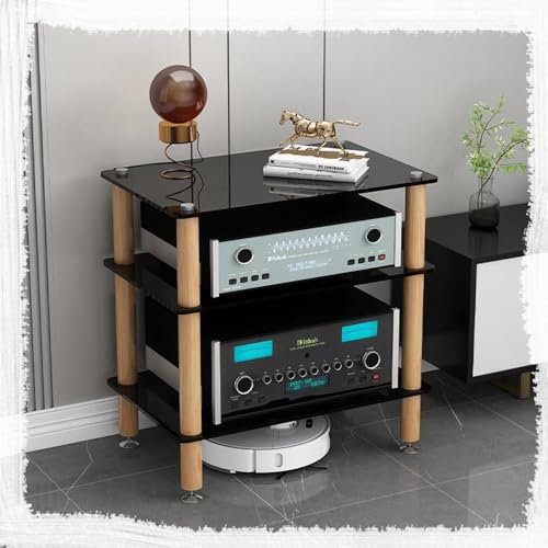 HAEKEBC HiFi Audio Video Geräteschrank Massivholz Gehärtetes Glas Verstärkerschrank Professionelles Rack Audio Tower Mehrschichtiger Stoßfester Medienständer(Black,3 Tier)
