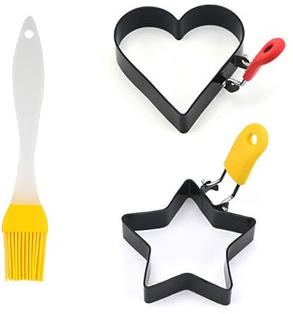 Egg Ring Pack of 2 Stainless Steel Egg Rings Star and Heart Shapes with Anti-Scald Folding Handle with an Oil Brush Non Stick Coating Suitable for Egg Frying Shaping Pancakes Mini Burgers