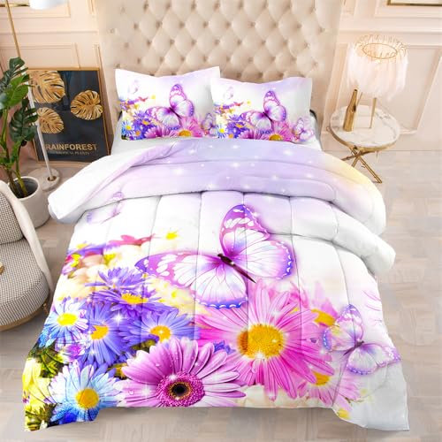 Bettdecke 140X200 Lila Schmetterling Bettdecken 200Gsm,Dünne Und Leichte Duvet,4 Jahreszeiten Bettdecken,Weiche Mikrofaser Bettdecke Mit 2 Kissenbezüge,Warm Steppbettdecke Für Allergiker