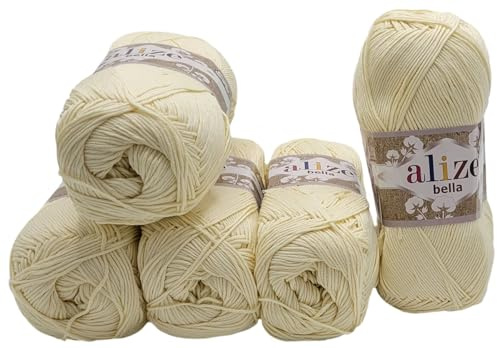 5 x 100 Gramm Baumwolle Bella einfarbig, 500 Gramm Wolle aus 100% Baumwolle, Strickwolle uni (creme 01)