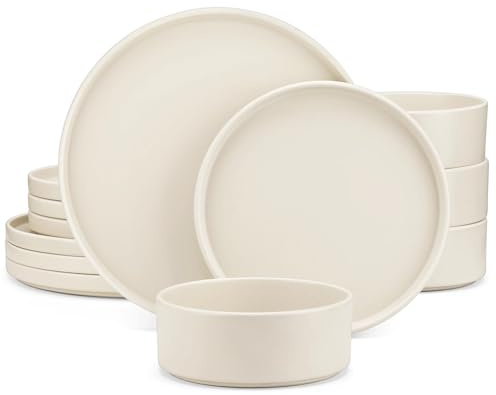 WLIHDB Sets De Table Service de Table en grès Beige 12/24/36 pièces avec Assiette à dîner/Dessert/Bol for 4/8/12 Personnes en Céramique(36-Piece)